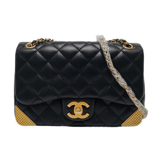 CHANEL CLASSIC FLAP Mini Black Leather Grained Quilted Crossbody Bag Single Shoulder Bag with Gold Hardware 24 opening-(SKU)-966396752
