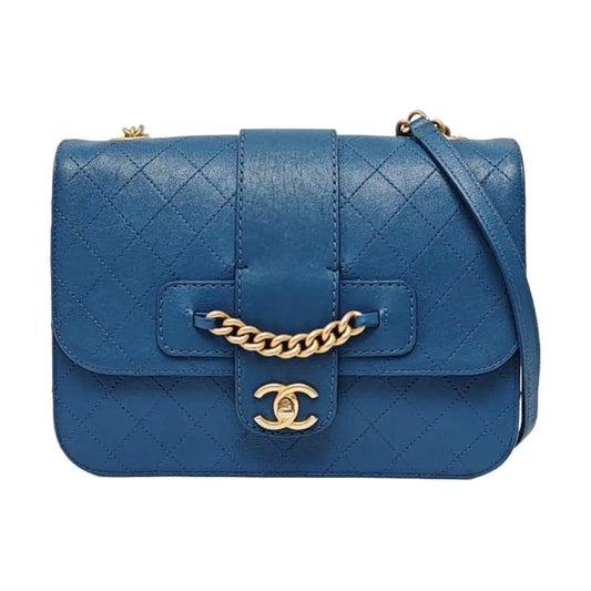 CHANEL FRONT CHAIN FLAP BAG Blue Lamb Skin Quilted Shoulder Bag with Chain Strap, Gold Hardware, 24 Flap-(SKU)-966738258