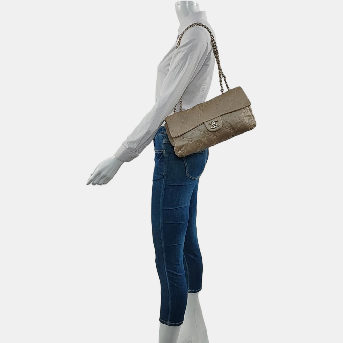 CHANEL WILD STITCH Grey Calfskin Quilted Shoulder Bag, Crossbody Bag with Silver Hardware, 15 compartments-(SKU)-966814468