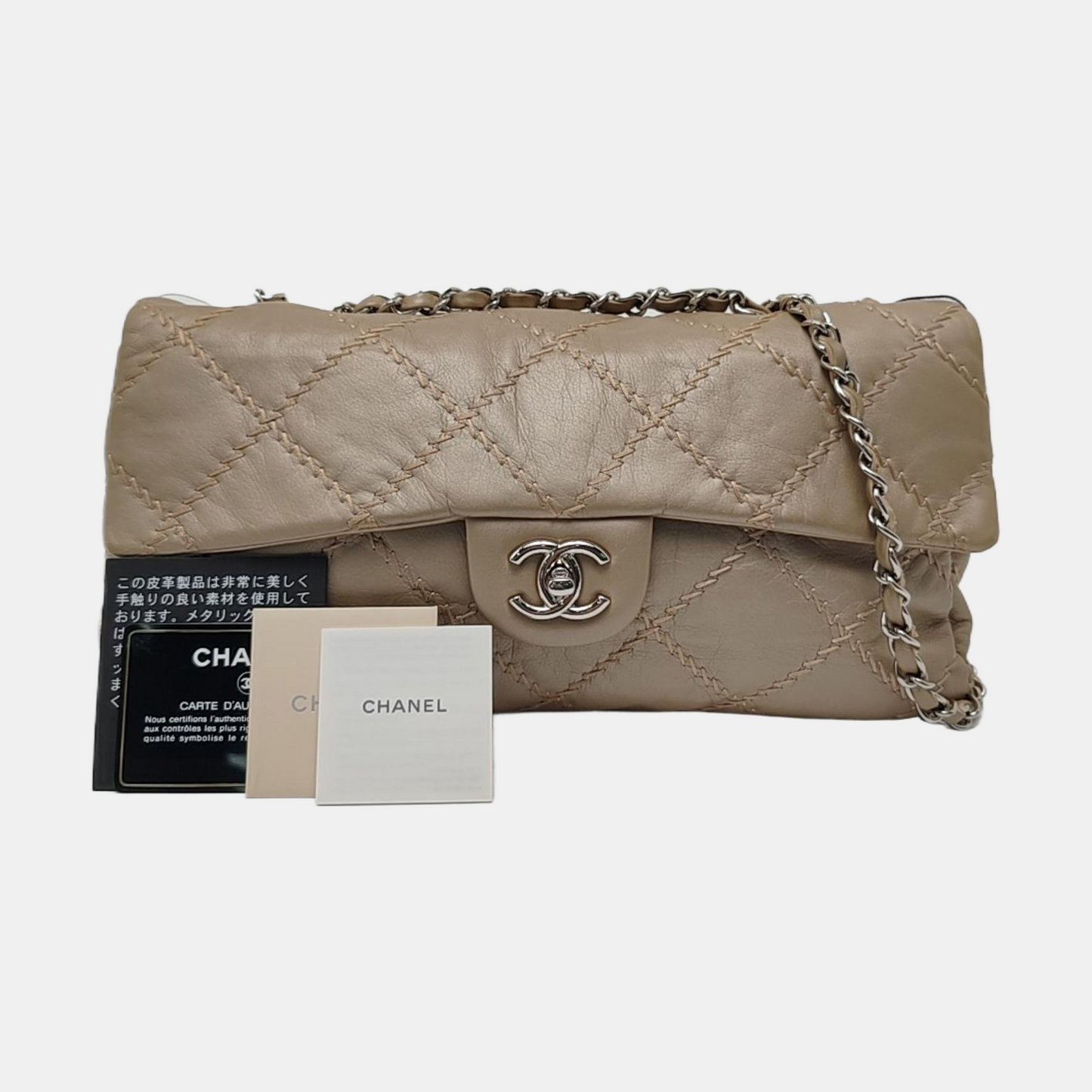 CHANEL WILD STITCH Grey Calfskin Quilted Shoulder Bag, Crossbody Bag with Silver Hardware, 15 compartments-(SKU)-966814468