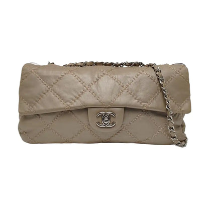 CHANEL WILD STITCH Grey Calfskin Quilted Shoulder Bag, Crossbody Bag with Silver Hardware, 15 compartments-(SKU)-966814468