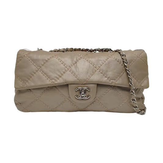 CHANEL WILD STITCH Grey Calfskin Quilted Shoulder Bag, Crossbody Bag with Silver Hardware, 15 compartments-(SKU)-966814468