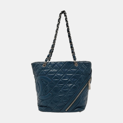 CHANEL CAMBON Blue Leather Quilted Diamond Pattern Single Shoulder Bag Silver Hardware 11 Clasp 2 Removable Shoulder Straps-(SKU)-966736811