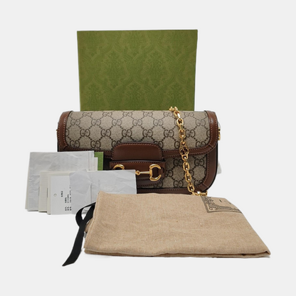 GUCCI Horsebit 1955, khaki coated canvas monogram horsebit shoulder bag, handbag with golden hardware and detachable strap, complete accessories-(SKU)-966902427