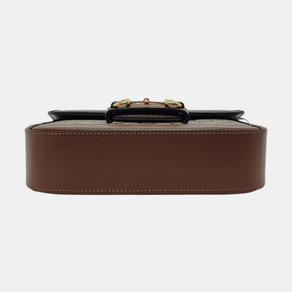 GUCCI Horsebit 1955, khaki coated canvas monogram horsebit shoulder bag, handbag with golden hardware and detachable strap, complete accessories-(SKU)-966902427
