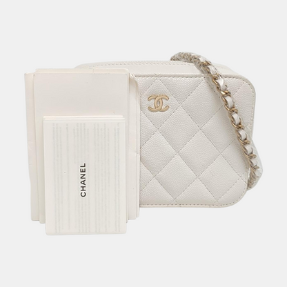 CHANEL SURPIQUE White Calfskin Quilted Monogram Crossbody Single Shoulder Bag with Gold Hardware-(SKU)-966839667