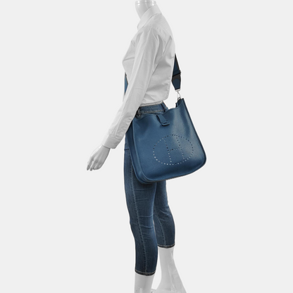 HERMÈS Evelyne GM Denim Blue Clemence Cowhide Openwork Evelyne Single Shoulder Bag Clutch Silver Hardware 🄿 Removable Strap-(SKU)-966962890