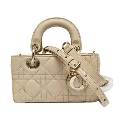 DIOR Lady D-Joy Super mini size beige lamb leather diamond quilting crossbody bag shoulder bag handbag golden hardware 2 detachable shoulder straps-(SKU)-966635489