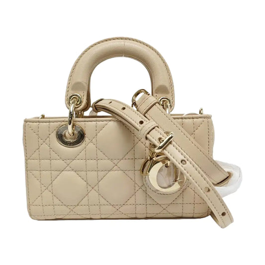 DIOR Lady D-Joy Super mini size beige lamb leather diamond quilting crossbody bag shoulder bag handbag golden hardware 2 detachable shoulder straps-(SKU)-966635489
