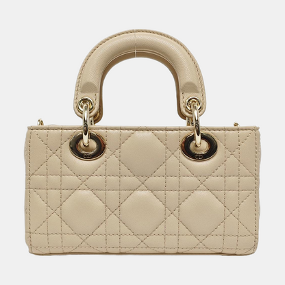 DIOR Lady D-Joy Super mini size beige lamb leather diamond quilting crossbody bag shoulder bag handbag golden hardware 2 detachable shoulder straps-(SKU)-966635489