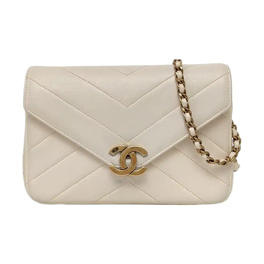 CHANEL THREAD AROUND White Lamb Skin Quilted V Pattern Shoulder Bag Crossbody Bag Gold Hardware 22 Opening Pockets-(SKU)-966841707