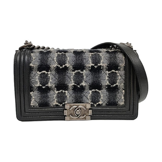 CHANEL BOY CHANEL Medium Black Tweed Quilted Crossbody Bag Single Shoulder Bag Rhodium Hardware 18 Clasp Detachable Strap-(SKU)-967050030