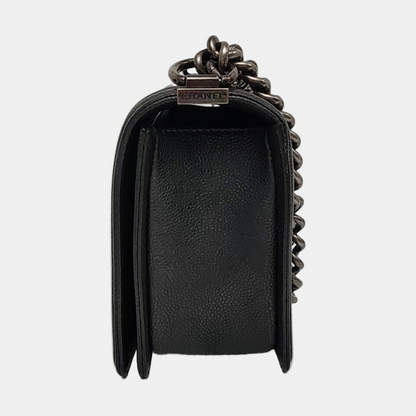 CHANEL BOY CHANEL Medium Black Tweed Quilted Crossbody Bag Single Shoulder Bag Rhodium Hardware 18 Clasp Detachable Strap-(SKU)-967050030
