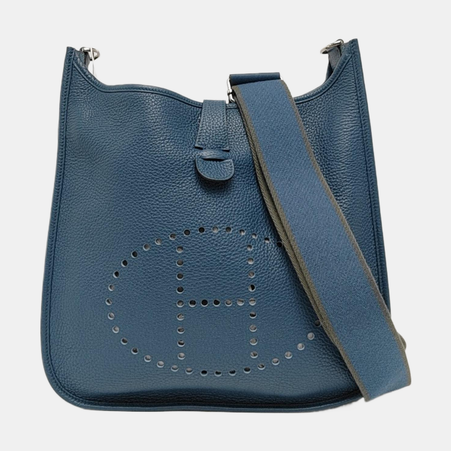 HERMÈS Evelyne GM Denim Blue Clemence Cowhide Openwork Evelyne Single Shoulder Bag Clutch Silver Hardware 🄿 Removable Strap-(SKU)-966962890