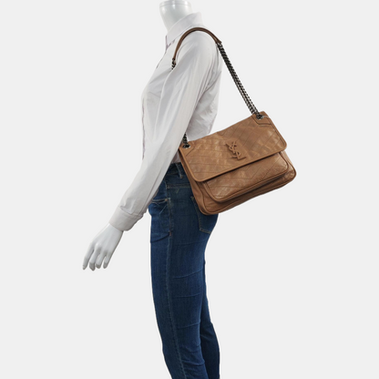 YSL NIKI Medium Brown Leather Single-Shoulder Bag with Silver Hardware-(SKU)-966916847