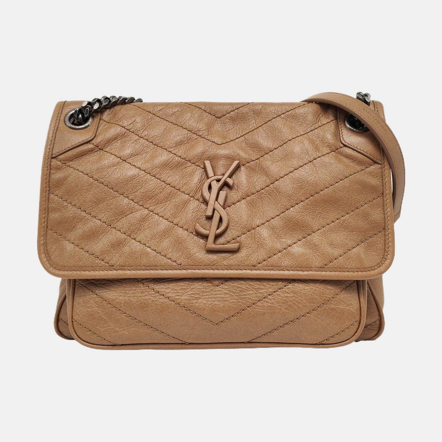 YSL NIKI Medium Brown Leather Single-Shoulder Bag with Silver Hardware-(SKU)-966916847