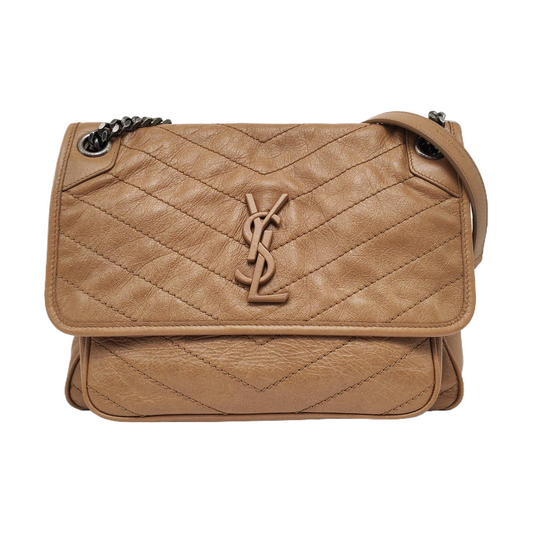 YSL NIKI Medium Brown Leather Single-Shoulder Bag with Silver Hardware-(SKU)-966916847