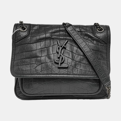 YSL NIKI Small Dark Grey Calfskin Plaid Quilted V-Shape Shoulder Bag Palladium Hardware-(SKU)-966844525