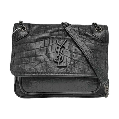 YSL NIKI Small Dark Grey Calfskin Plaid Quilted V-Shape Shoulder Bag Palladium Hardware-(SKU)-966844525