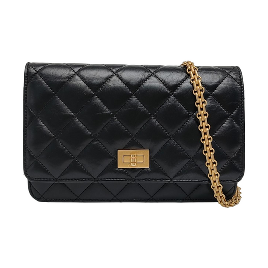 CHANEL 2.55 WOC Black Calfskin Quilted Chain Shoulder Bag with Gold Hardware 29 Clasp-(SKU)-966894814