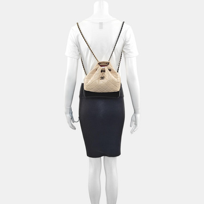 CHANEL GABRIELLE small size beige leather quilted Gabrielle bag, backpack with gold and silver hardware and 26 chain links-(SKU)-967131520