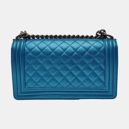 CHANEL BOY CHANEL Blue Quilted Calfskin Monogram Shoulder Bag, Crossbody with Detachable Strap, Ruthenium-Colored Hardware, 24 Clasps-(SKU)-967190890