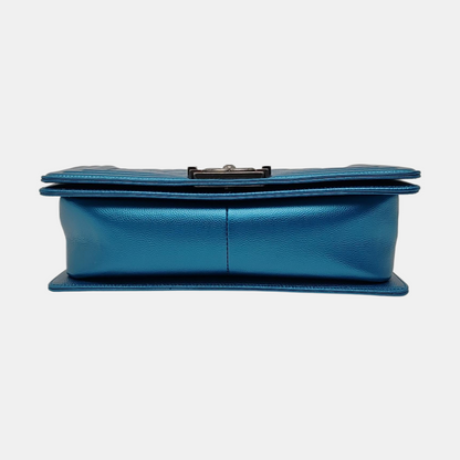 CHANEL BOY CHANEL Blue Quilted Calfskin Monogram Shoulder Bag, Crossbody with Detachable Strap, Ruthenium-Colored Hardware, 24 Clasps-(SKU)-967190890