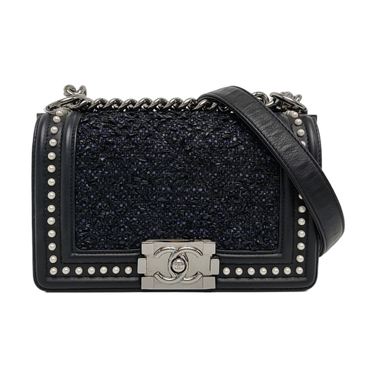 CHANEL BOY CHANEL Small Size Black Fabric Quilted Four Shoulder Bag, Crossbody Bag with Detachable Strap-(SKU)-967025259