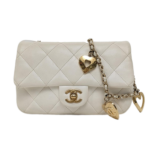 CHANEL CLASSIC FLAP Mini White Lamb Skin Quilted Crossbody Shoulder Bag with Gold Hardware-(SKU)-967034781