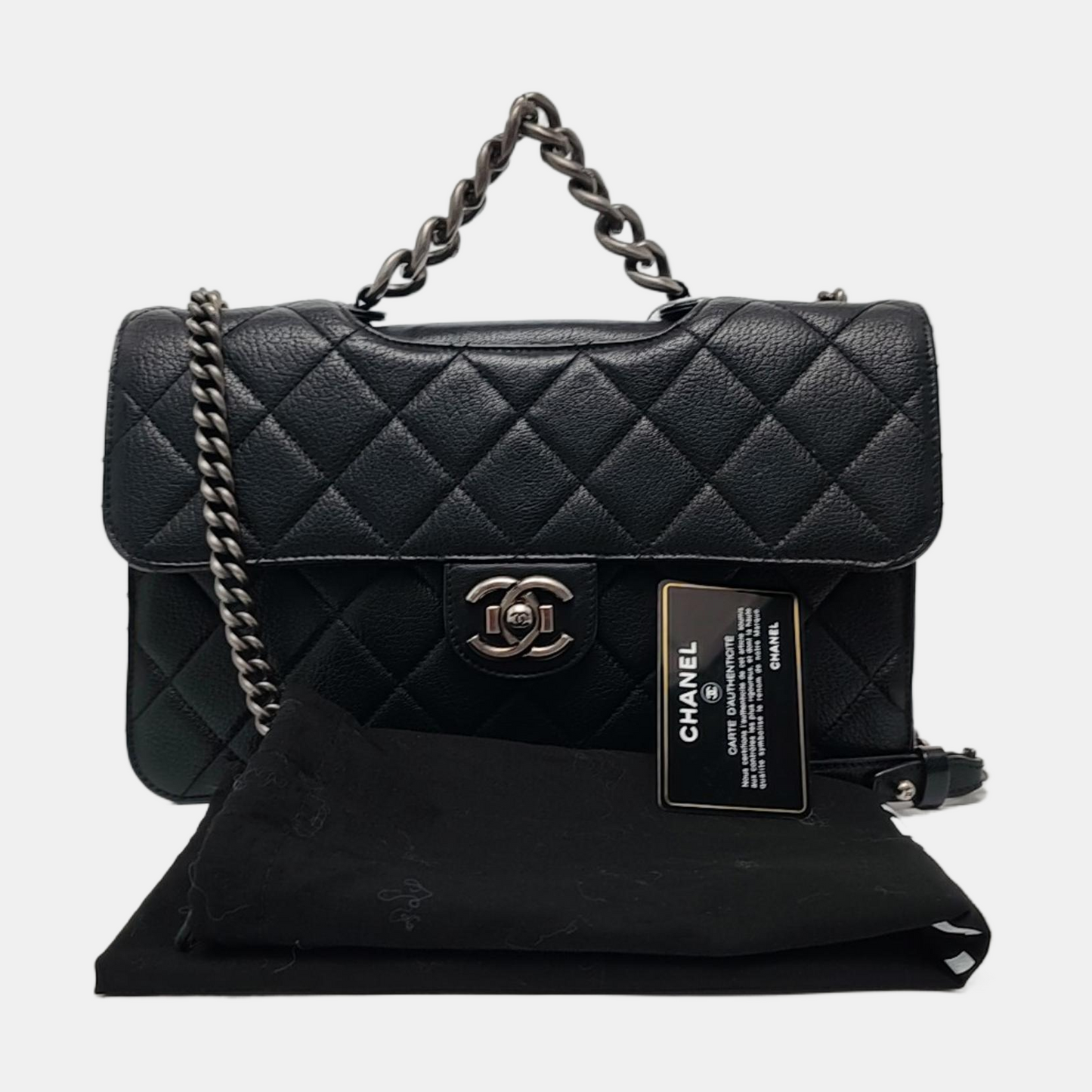 CHANEL PERFECT EDGE Black Lamb Skin Quilted Monogram Crossbody Bag Handbag Shoulder Bag Ruthenium Hardware 21 Clasp-(SKU)-966996971