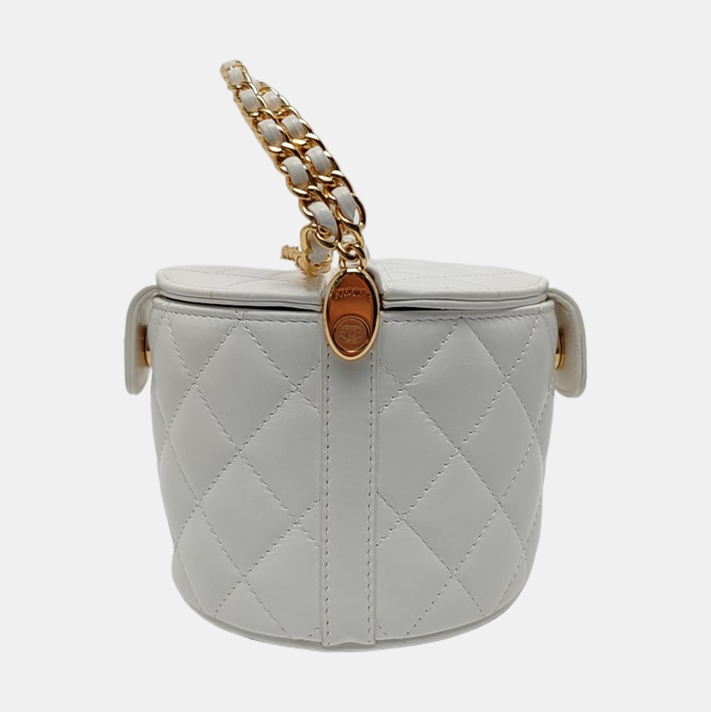 CHANEL ROUND VANITY white lambskin quilted diamond pattern crossbody bag shoulder bag gold hardware-(SKU)-966962646