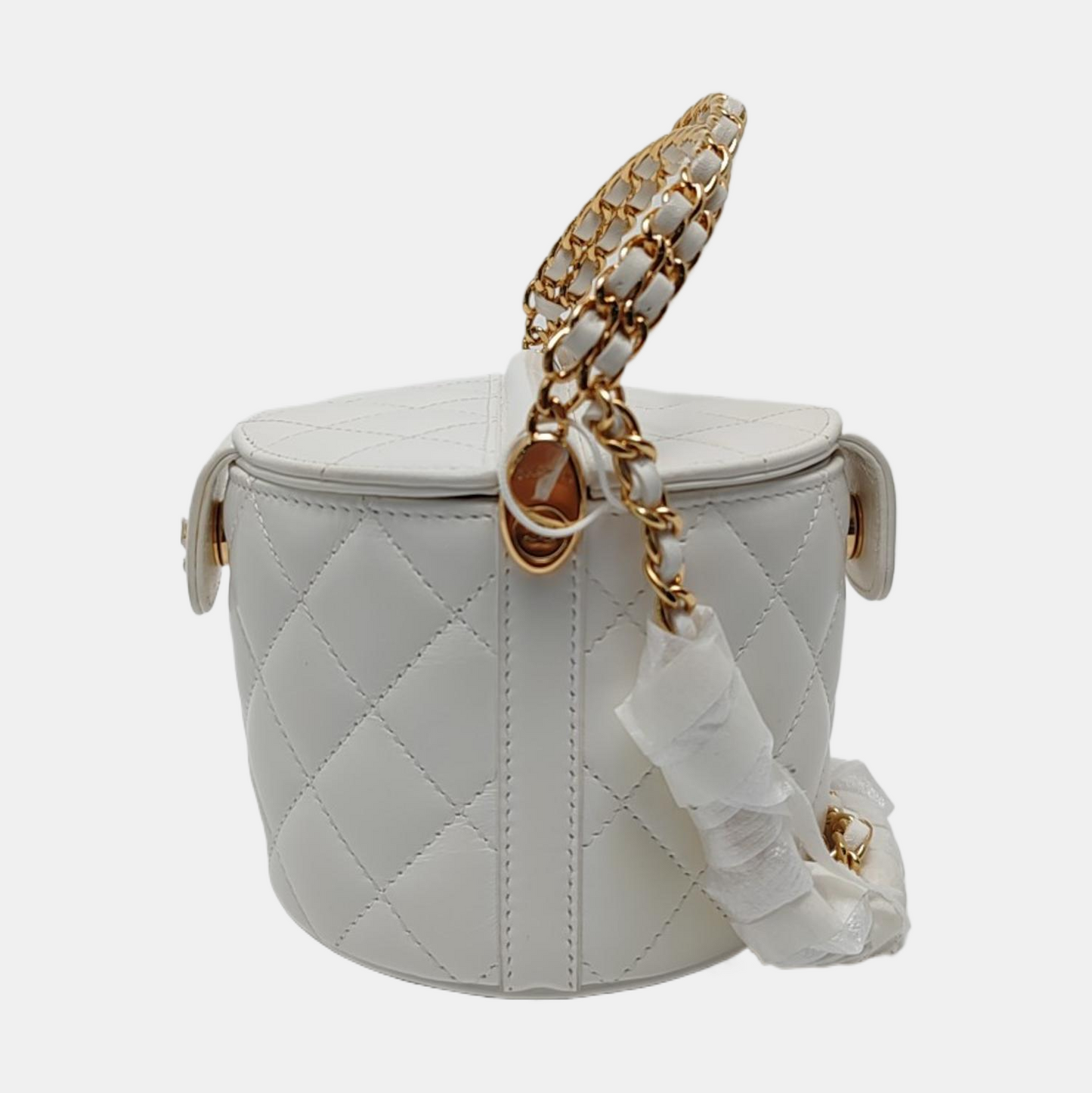 CHANEL ROUND VANITY white lambskin quilted diamond pattern crossbody bag shoulder bag gold hardware-(SKU)-966962646