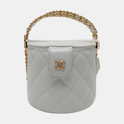 CHANEL ROUND VANITY white lambskin quilted diamond pattern crossbody bag shoulder bag gold hardware-(SKU)-966962646