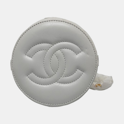 CHANEL ROUND VANITY white lambskin quilted diamond pattern crossbody bag shoulder bag gold hardware-(SKU)-966962646