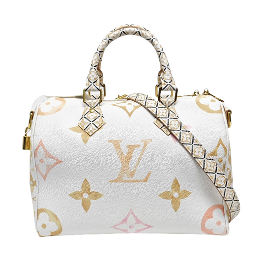 LOUIS VUITTON SPEEDY 25 White Coated Canvas Monogram Vernis Boston Bag Shoulder Bag Crossbody Handbag with Gold Hardware and Removable Strap-(SKU)-967150165