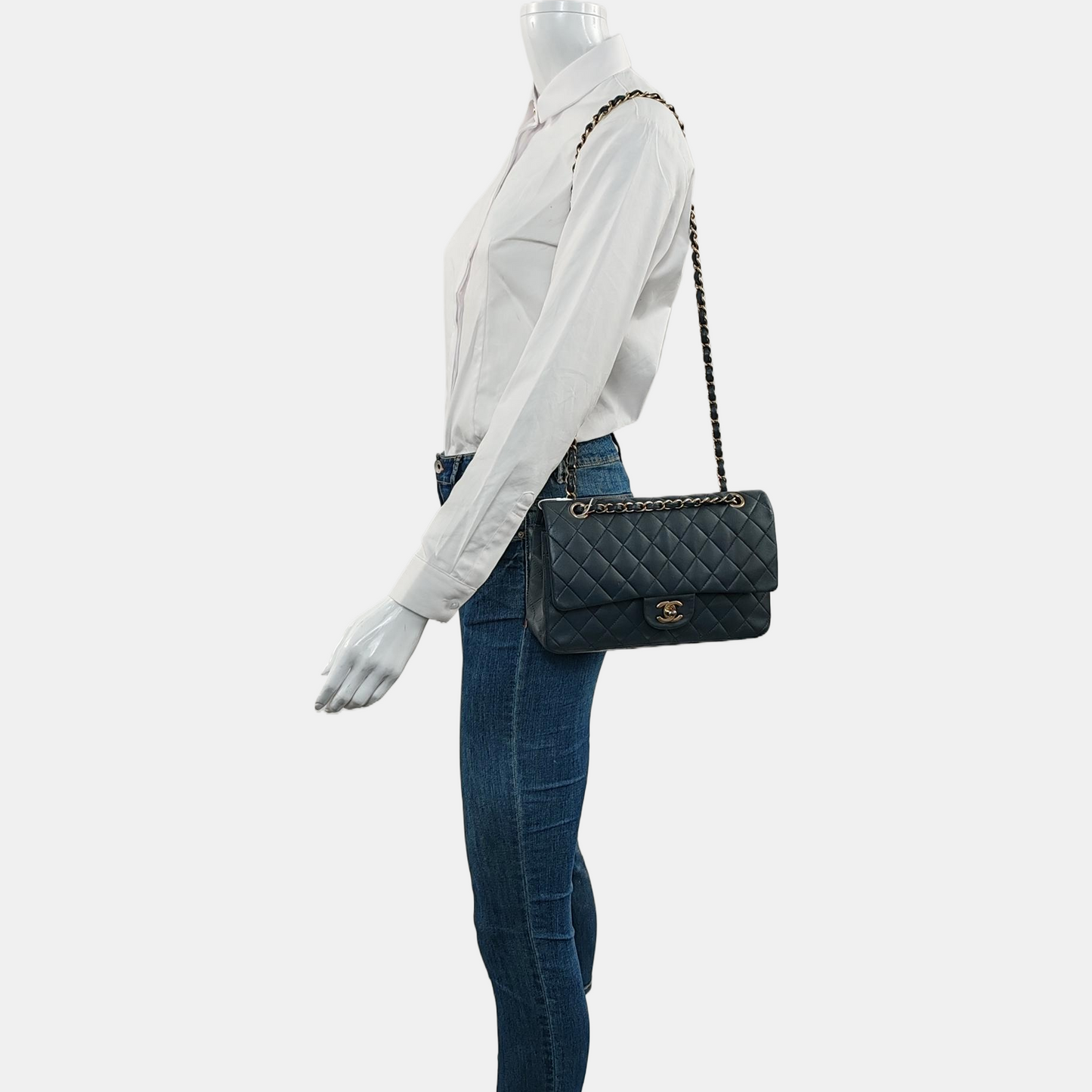 CHANEL CLASSIC FLAP Medium-sized Grey Lamb Skin Quilted Monogram Crossbody Bag Shoulder Bag 19 Clasp Golden Hardware-(SKU)-967065506