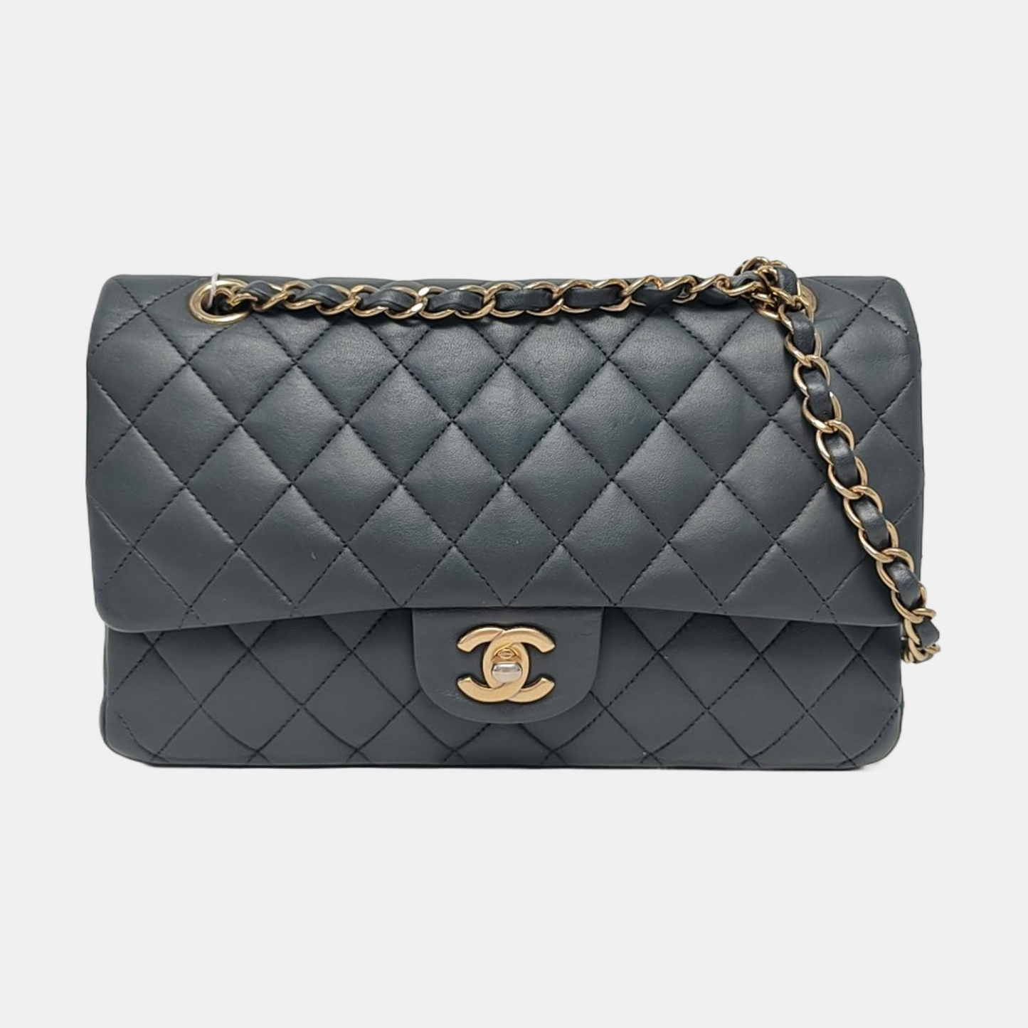 CHANEL CLASSIC FLAP Medium-sized Grey Lamb Skin Quilted Monogram Crossbody Bag Shoulder Bag 19 Clasp Golden Hardware-(SKU)-967065506