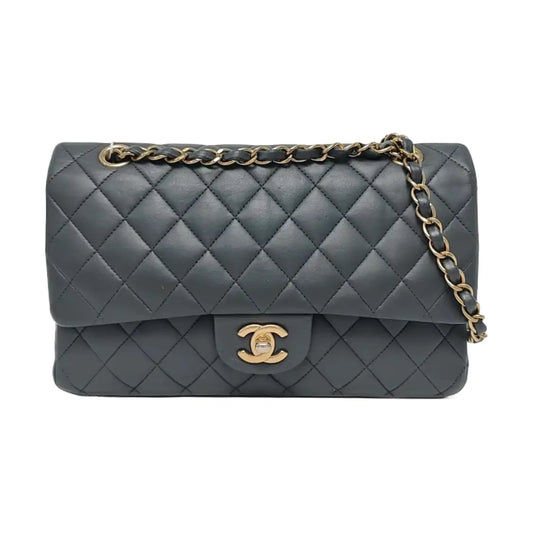 CHANEL CLASSIC FLAP Medium-sized Grey Lamb Skin Quilted Monogram Crossbody Bag Shoulder Bag 19 Clasp Golden Hardware-(SKU)-967065506