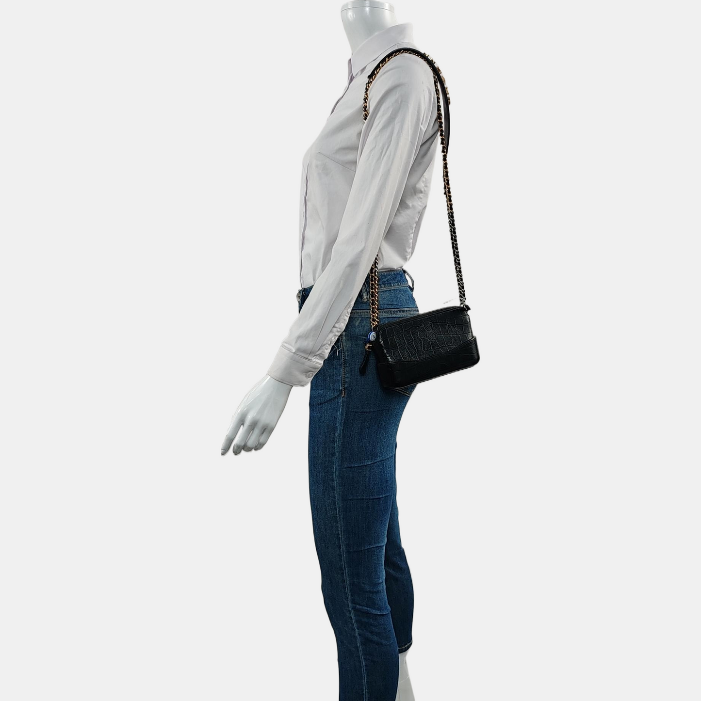 CHANEL GABRIELLE Extra Mini Black Calfskin Crocodile Shoulder Bag, Crossbody Bag with Detachable Strap and Gold/Silver Ruthenium Hardware-(SKU)-967352909