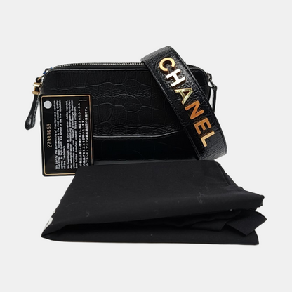 CHANEL GABRIELLE Extra Mini Black Calfskin Crocodile Shoulder Bag, Crossbody Bag with Detachable Strap and Gold/Silver Ruthenium Hardware-(SKU)-967352909