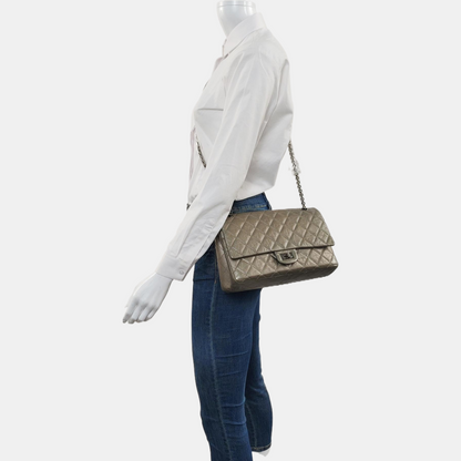 CHANEL 2.55 Large Champagne Quilted Calfskin Leather Chain Shoulder Bag Crossbody Bag with Silver Hardware 15 Clasp-(SKU)-967355800