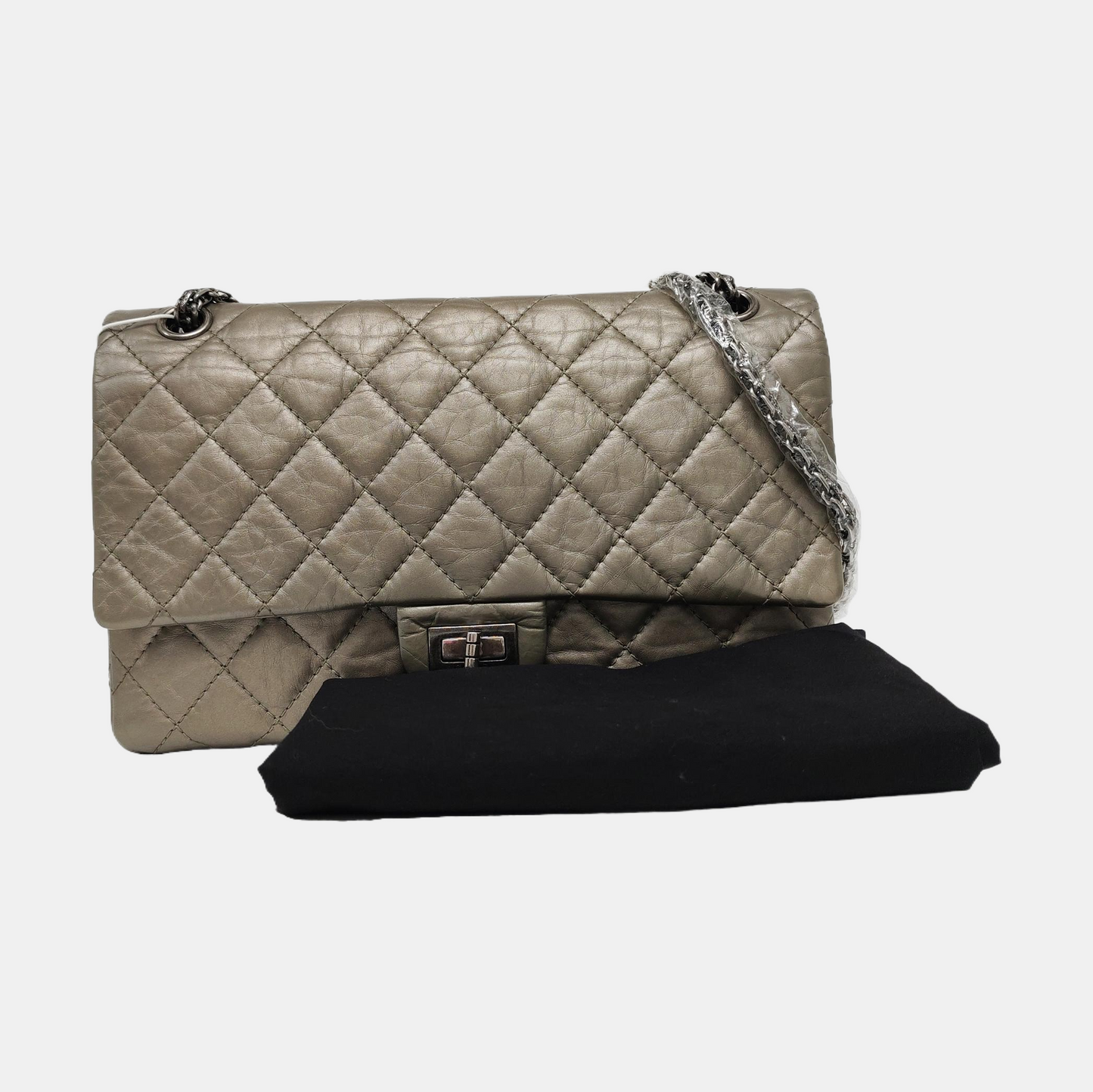 CHANEL 2.55 Large Champagne Quilted Calfskin Leather Chain Shoulder Bag Crossbody Bag with Silver Hardware 15 Clasp-(SKU)-967355800