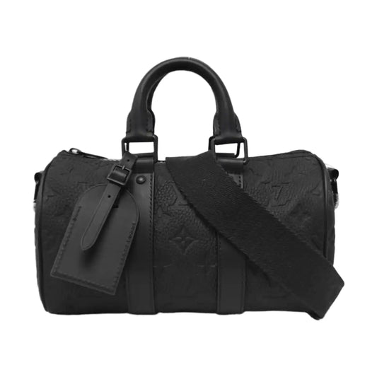 LOUIS VUITTON KEEPALL 25 Black Leather Monogram Damier Ebene Black Crossbody Bag Tote Bag Single Shoulder Bag with Black Hardware and Detachable Shoulder Strap-(SKU)-967337388