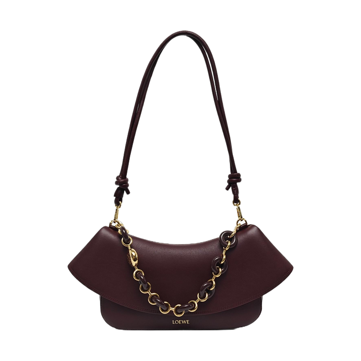 LOEWE Ola Medium Size Burgundy Calf Leather Single Shoulder Bag Golden Hardware Detachable Strap-(SKU)-967585188
