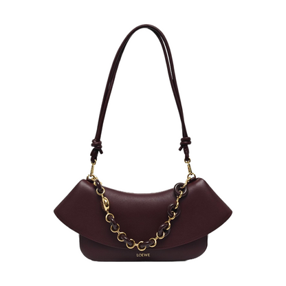 LOEWE Ola Medium Size Burgundy Calf Leather Single Shoulder Bag Golden Hardware Detachable Strap-(SKU)-967585188