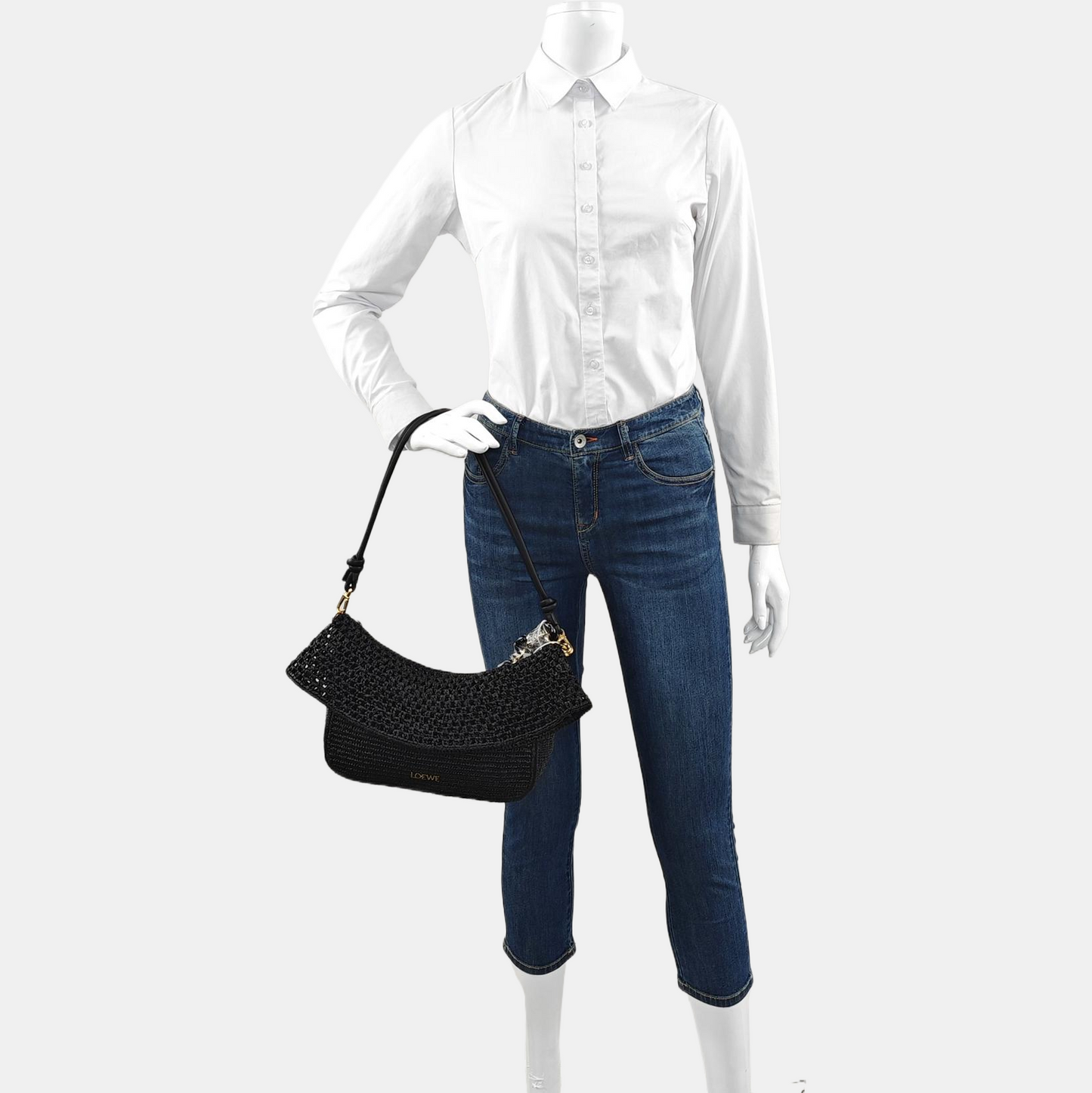 LOEWE Ola Medium Black Straw Single Shoulder Bag Golden Hardware Removable Strap-(SKU)-967584835