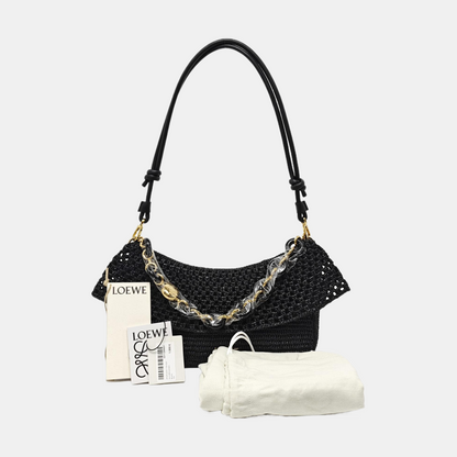 LOEWE Ola Medium Black Straw Single Shoulder Bag Golden Hardware Removable Strap-(SKU)-967584835