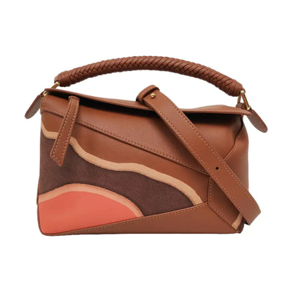 LOEWE Puzzle Edge Landscape Small Brown Leather Embossed Woven Geometric Bag Single Shoulder Bag Tote Bag Crossbody Bag Golden Hardware Removable Strap-(SKU)-967585052