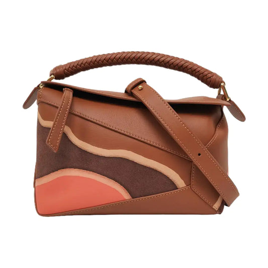 LOEWE Puzzle Edge Landscape Small Brown Leather Embossed Woven Geometric Bag Single Shoulder Bag Tote Bag Crossbody Bag Golden Hardware Removable Strap-(SKU)-967585052