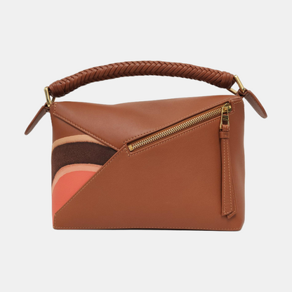 LOEWE Puzzle Edge Landscape Small Brown Leather Embossed Woven Geometric Bag Single Shoulder Bag Tote Bag Crossbody Bag Golden Hardware Removable Strap-(SKU)-967585052